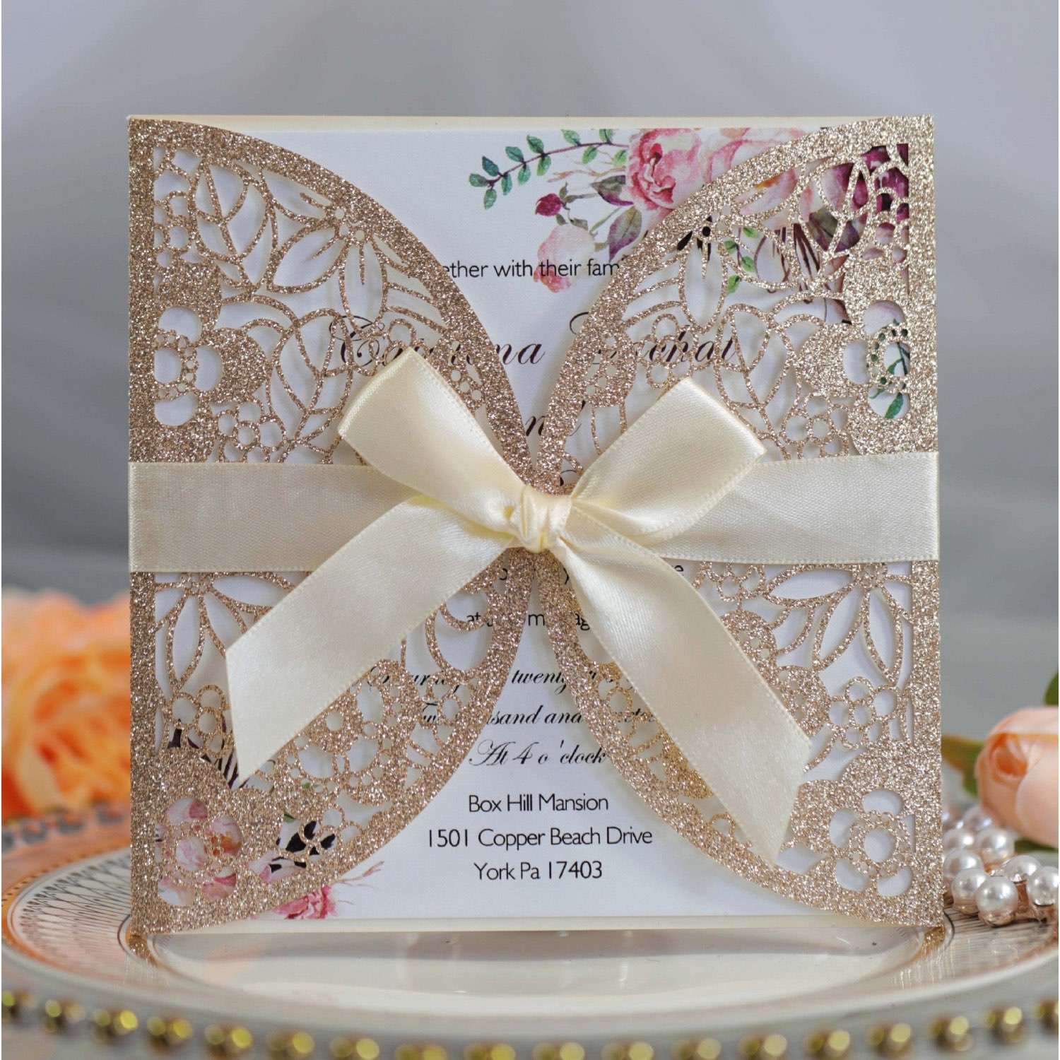 Square Invitation Card With Ribbon Bow Glitter Paper Laser Cut Teachers' Day Greeting Card